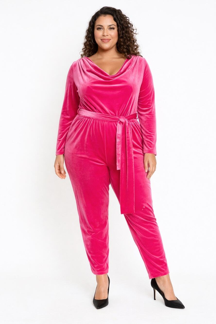 Smash + Tess Magenta Velvet Cowl Neck Jumpsuit 2XL The Birds Papaya Belted